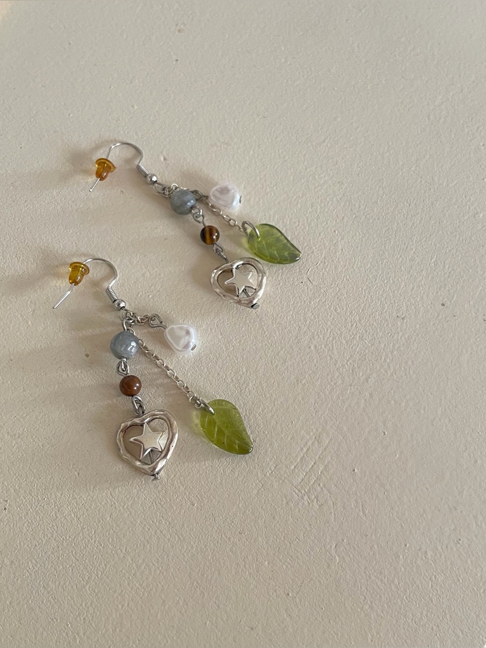 Silver Heart & Green Leaf Dangle Earrings